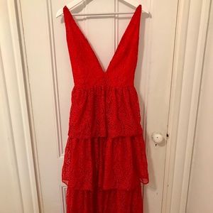 Red lace backless evening dress